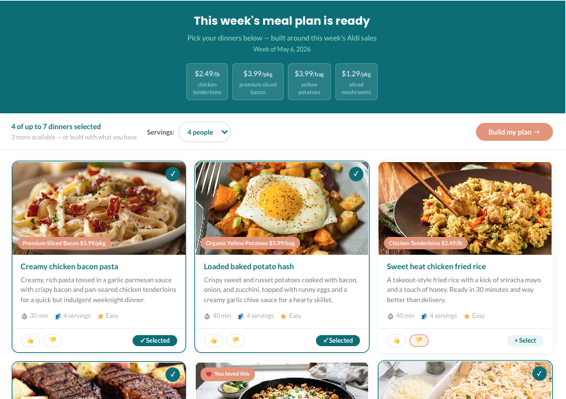 Adaptabite weekly meal plan showing recipe cards