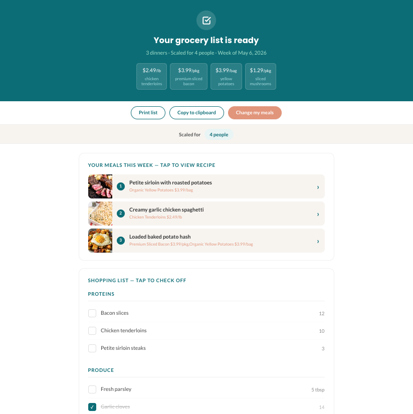 Adaptabite grocery list showing categorized ingredients